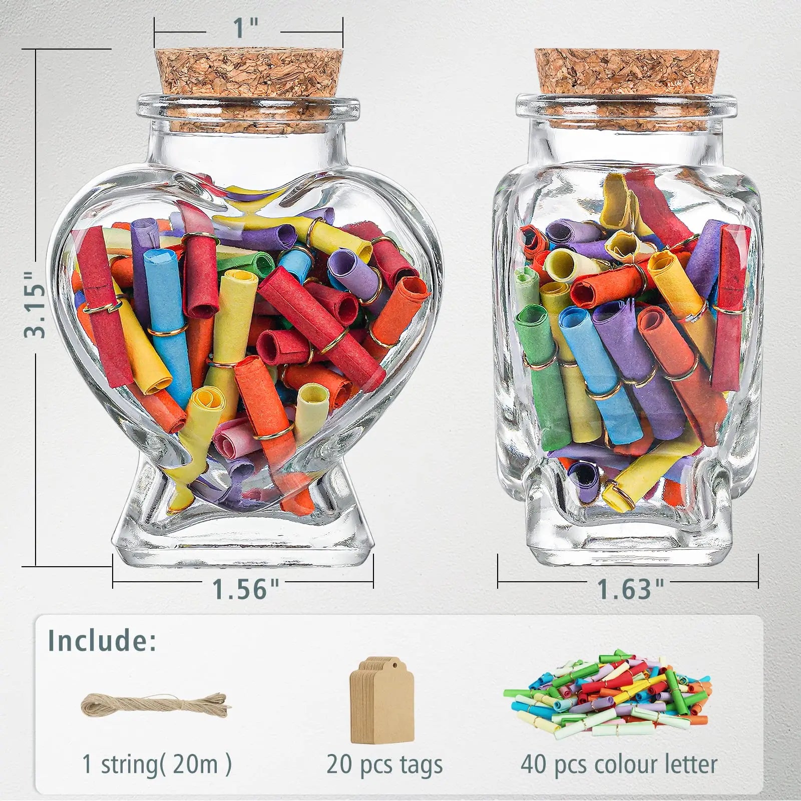 20Pcs Heart Shaped Wishing Jar DIY Small Glass Jars with Cork Lid Wedding Decor for Baby Shower Wedding Favor Valentine'S Day