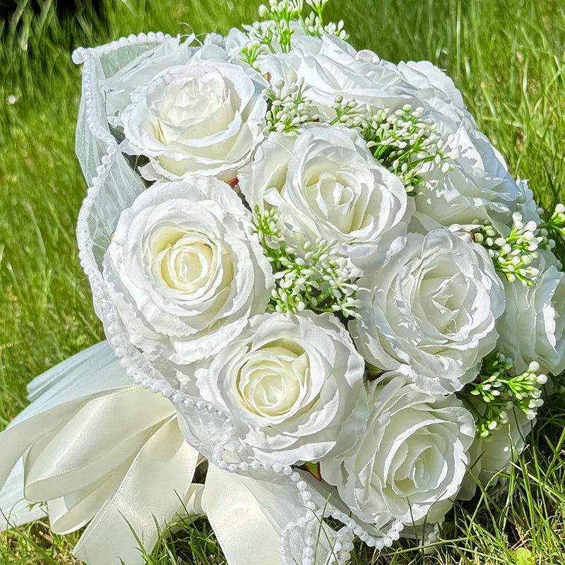 1PC Artificial Flower Cascading Bridal Bouquet for Wedding Ceremony Anniversary, Pearl Trimmed Bow Bouquet, Artificial Flowers