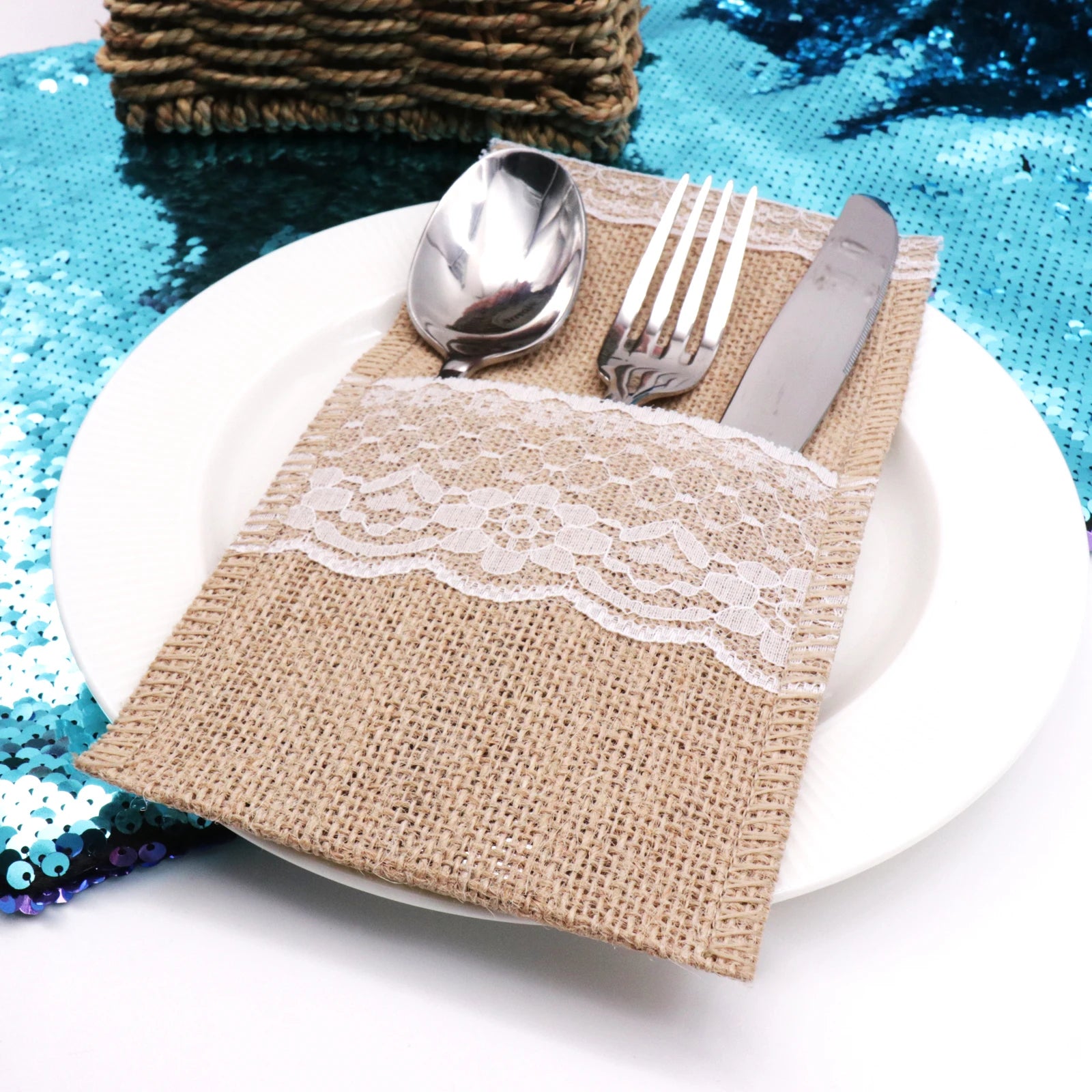 10/20PCS Natural Jute Bag Holder Burlap Cutlery Pockets Silverware Holder Bag Knife Forks Wedding Party Tableware Bag Decoration