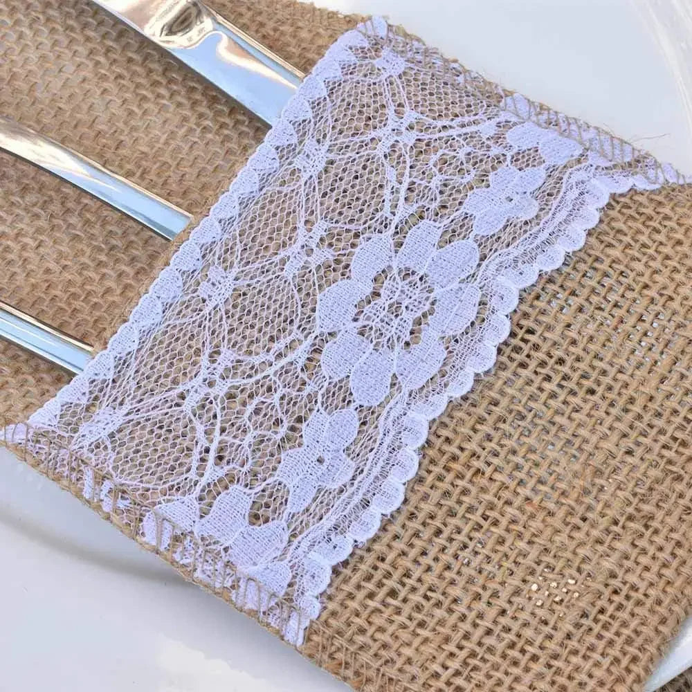 10/20PCS Natural Jute Bag Holder Burlap Cutlery Pockets Silverware Holder Bag Knife Forks Wedding Party Tableware Bag Decoration