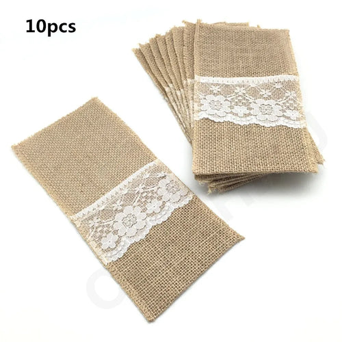 10Pcs Natural Jute Burlap Cutlery Holders Packaging Fork and Knife for Wedding , Party Decoration 11*21Cm AA8016