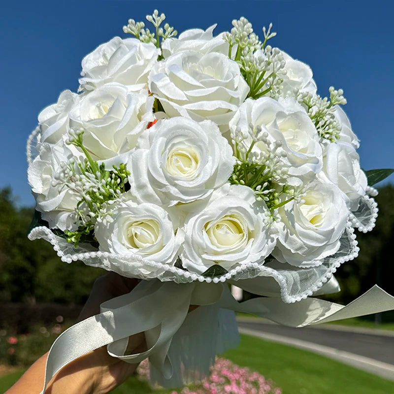 1PC Artificial Flower Cascading Bridal Bouquet for Wedding Ceremony Anniversary, Pearl Trimmed Bow Bouquet, Artificial Flowers