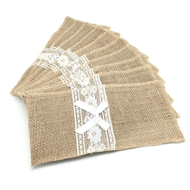 10Pcs Natural Jute Burlap Cutlery Holders Packaging Fork and Knife for Wedding , Party Decoration 11*21Cm AA8016