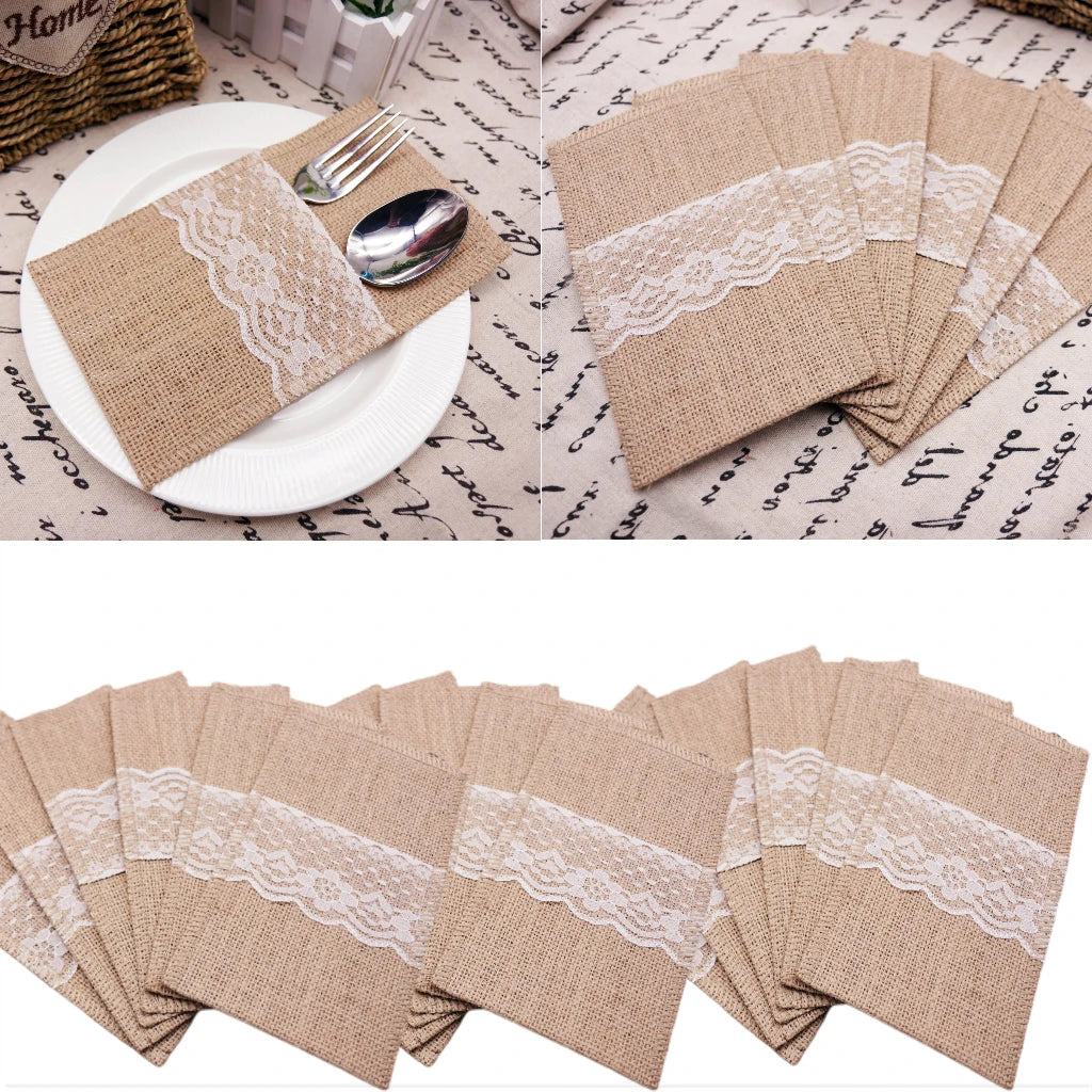10/20PCS Natural Jute Bag Holder Burlap Cutlery Pockets Silverware Holder Bag Knife Forks Wedding Party Tableware Bag Decoration