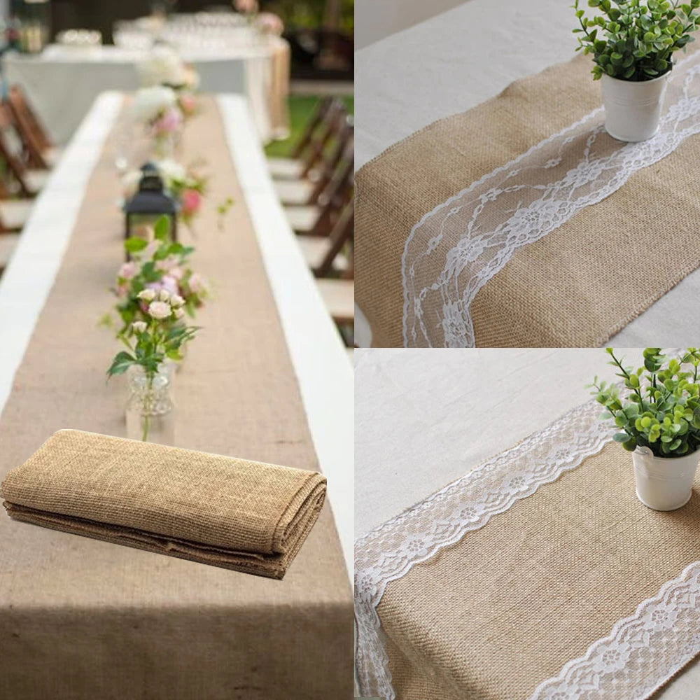 30Cm Width Jute Linen Vintage Natural Table Runner Burlap Rustic Khaki Party Country Wedding Decoration Chair Decor