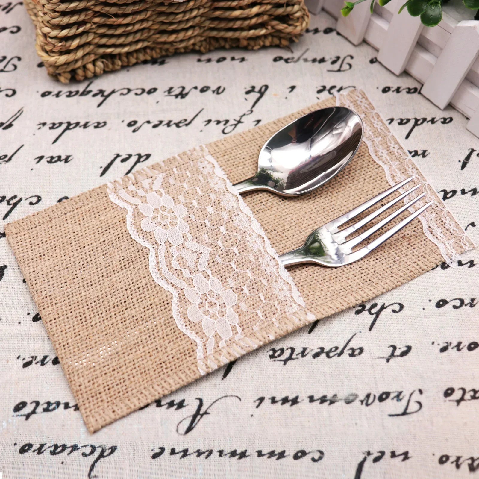 10/20PCS Natural Jute Bag Holder Burlap Cutlery Pockets Silverware Holder Bag Knife Forks Wedding Party Tableware Bag Decoration