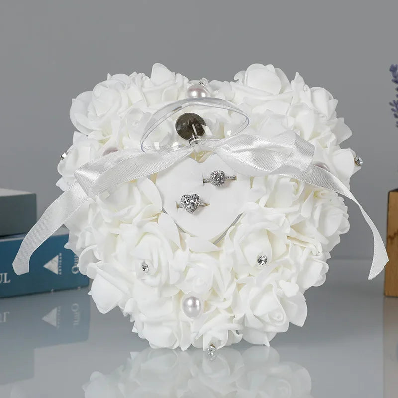 Wedding Ring Bearer Pillow Cushion Romantic Ivory Satin Crystal Ring Pillow Heart Shape for Engagement Propose Marriage Decor