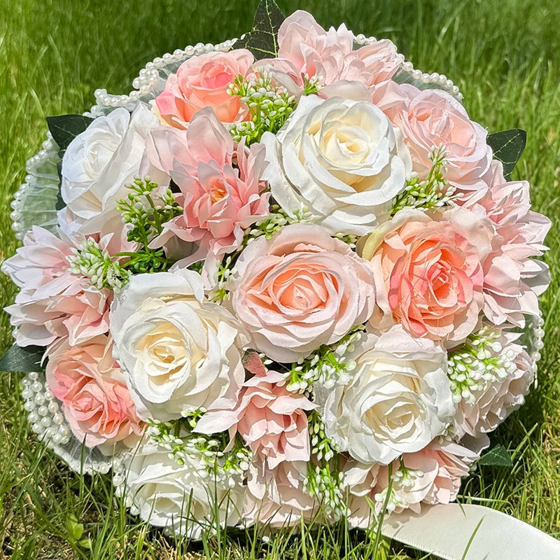 1PC Artificial Flower Cascading Bridal Bouquet for Wedding Ceremony Anniversary, Pearl Trimmed Bow Bouquet, Artificial Flowers