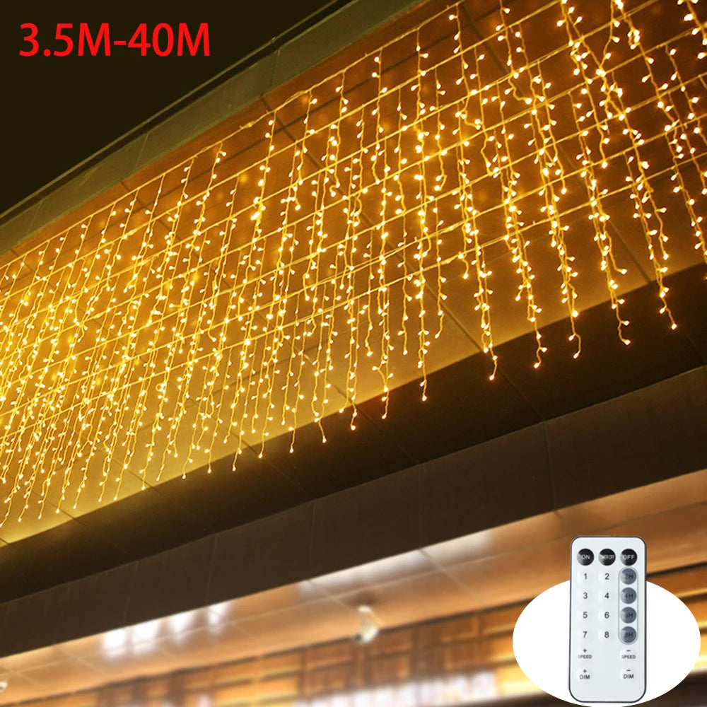 40M LED Curtain Icicle String Fairy Lights Garland Remote Outdoor for Christmas New Year Birthday Wedding Street Holiday Decor