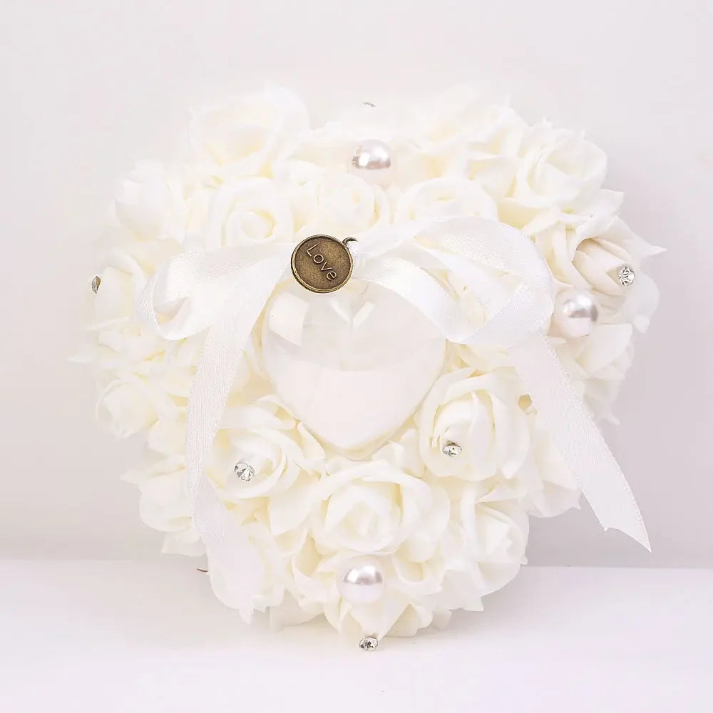 Wedding Ring Bearer Pillow Cushion Romantic Ivory Satin Crystal Ring Pillow Heart Shape for Engagement Propose Marriage Decor
