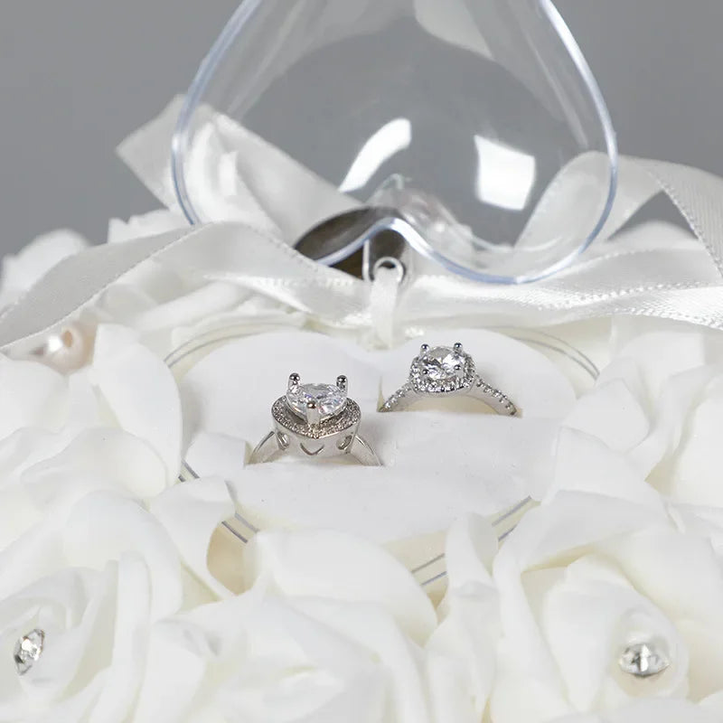 Wedding Ring Bearer Pillow Cushion Romantic Ivory Satin Crystal Ring Pillow Heart Shape for Engagement Propose Marriage Decor