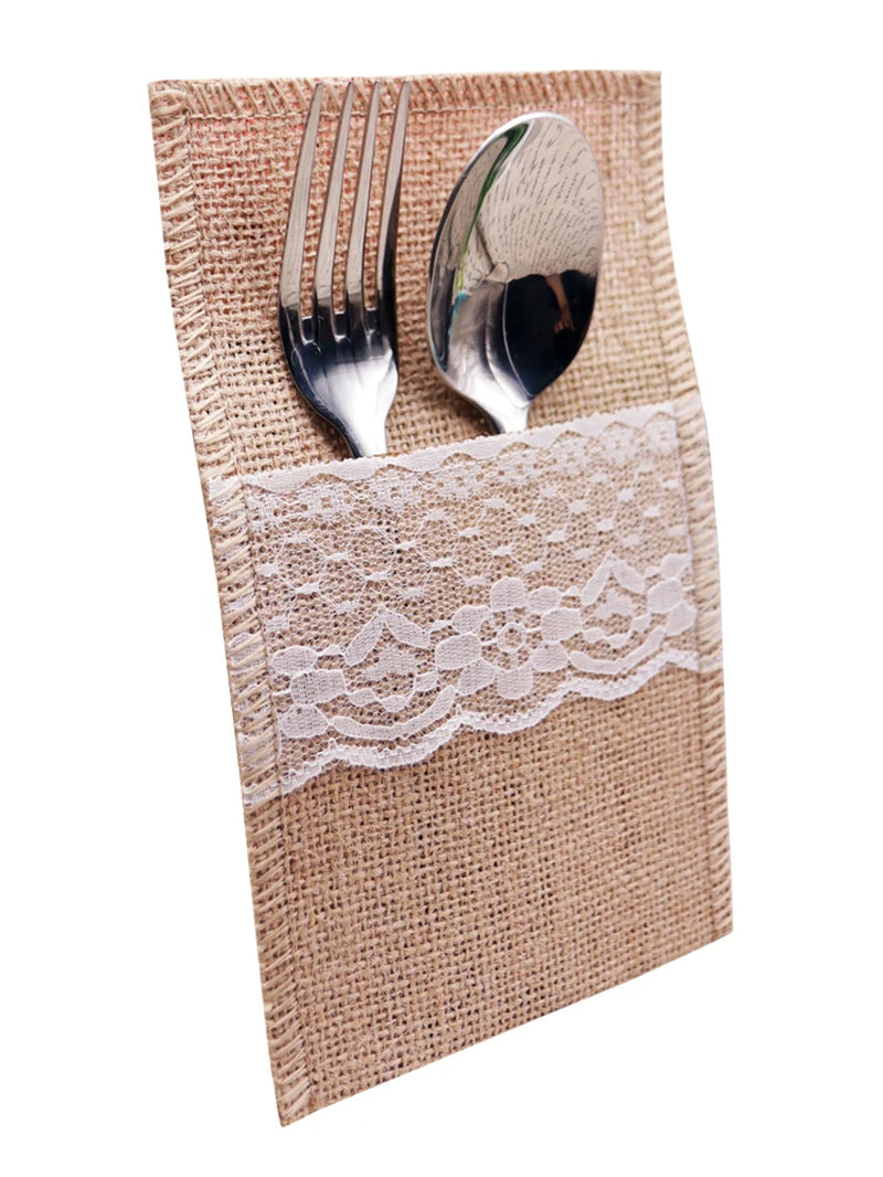 10/20PCS Natural Jute Bag Holder Burlap Cutlery Pockets Silverware Holder Bag Knife Forks Wedding Party Tableware Bag Decoration