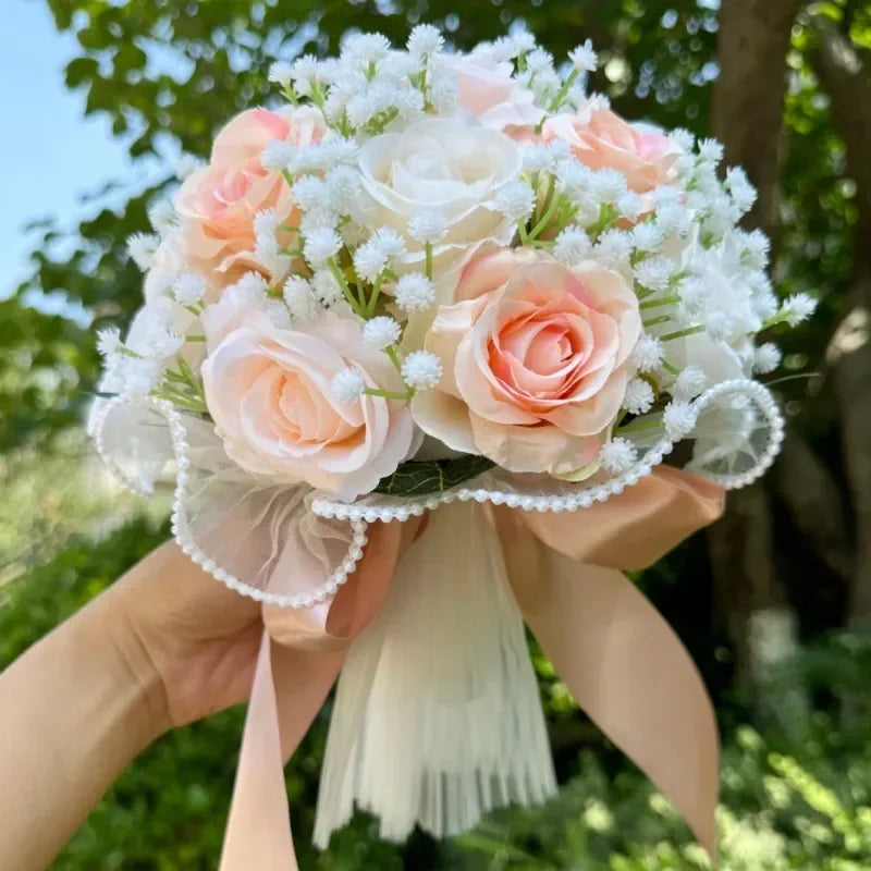 Wedding Bouquets for Bride Babysbreath Rose Bridesmaid Bouquets Silk Ribbon Valentine'S Day Decoration Pearl Lace Mesh Ball Gift