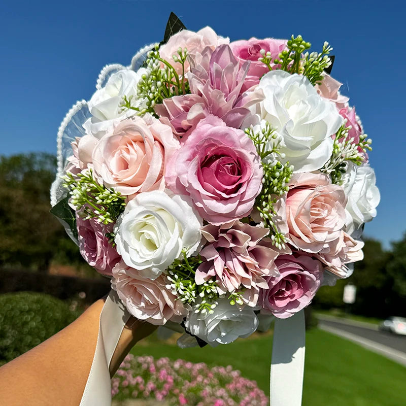 1PC Artificial Flower Cascading Bridal Bouquet for Wedding Ceremony Anniversary, Pearl Trimmed Bow Bouquet, Artificial Flowers