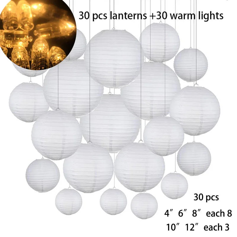 30/50/60Pcs Mix Size Wedding Decoration Lantern Elegant White Chinese Paper Lanterns Ball Lampion Hanging Lampshade Party