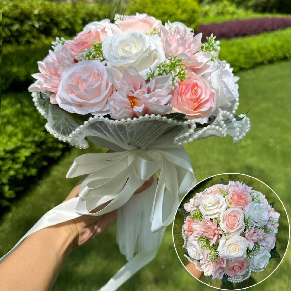Wedding Bouquets for Bride Babysbreath Rose Bridesmaid Bouquets Silk Ribbon Valentine'S Day Decoration Pearl Lace Mesh Ball Gift