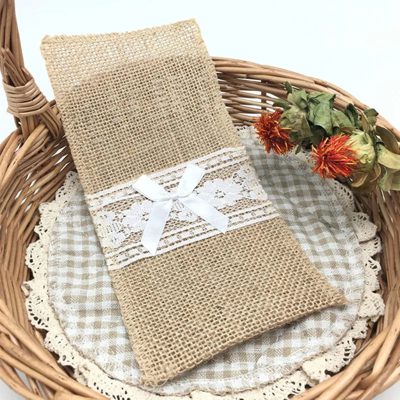 10Pcs Natural Jute Burlap Cutlery Holders Packaging Fork and Knife for Wedding , Party Decoration 11*21Cm AA8016