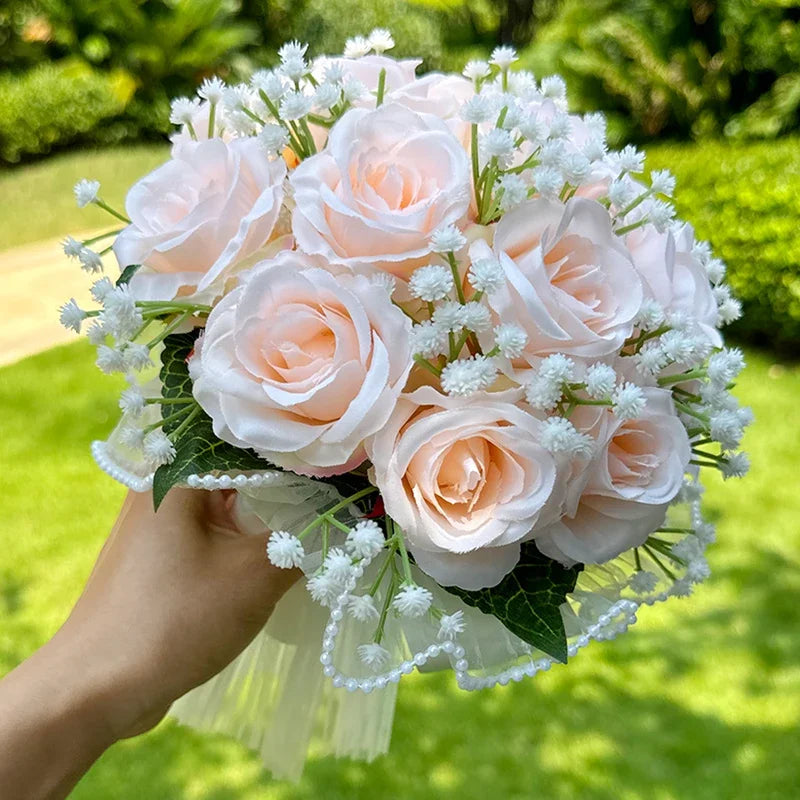 Wedding Bouquets for Bride Babysbreath Rose Bridesmaid Bouquets Silk Ribbon Valentine'S Day Decoration Pearl Lace Mesh Ball Gift