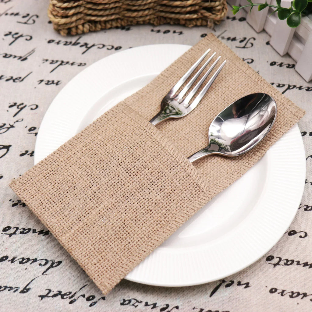 10/20PCS Natural Jute Bag Holder Burlap Cutlery Pockets Silverware Holder Bag Knife Forks Wedding Party Tableware Bag Decoration