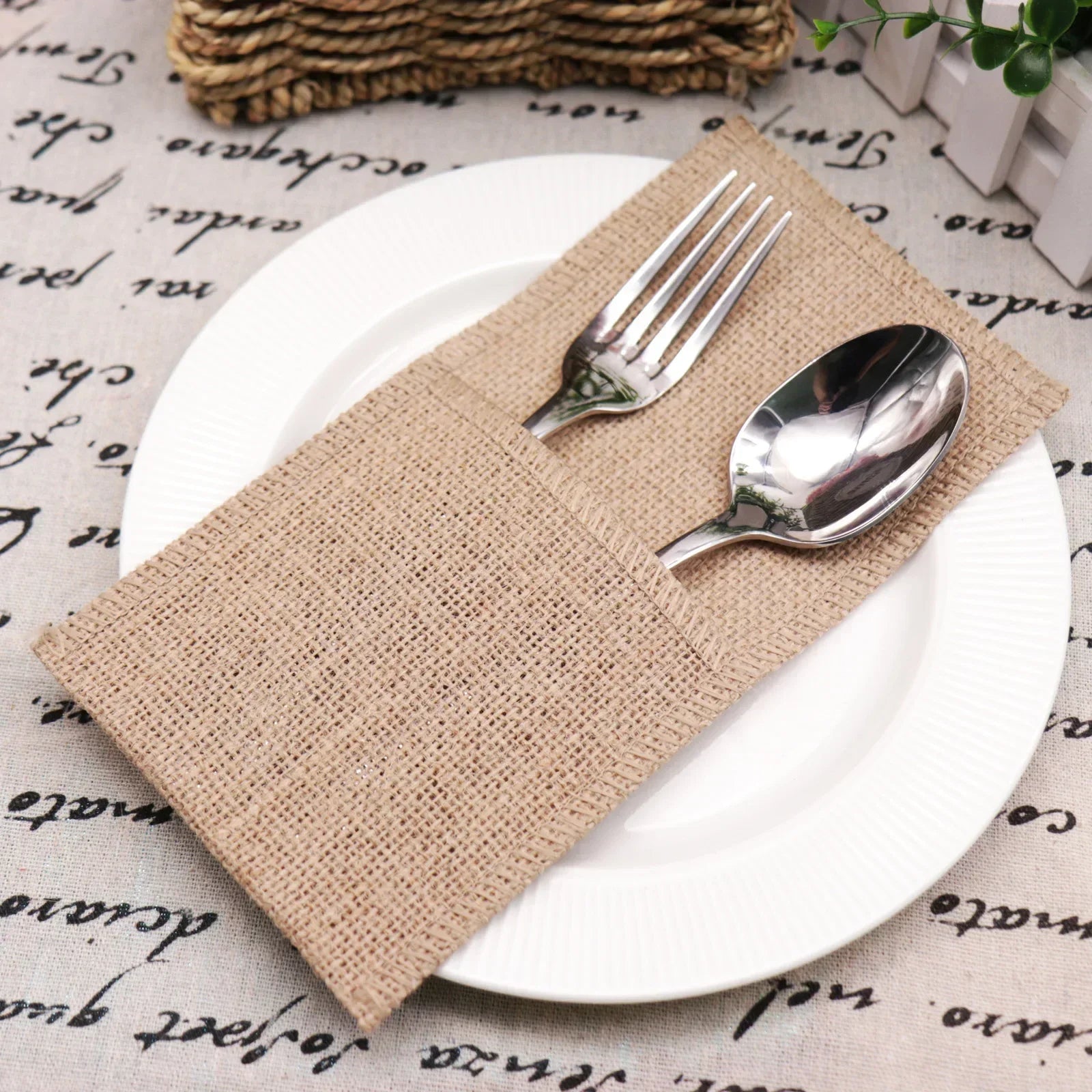 10/20PCS Natural Jute Bag Holder Burlap Cutlery Pockets Silverware Holder Bag Knife Forks Wedding Party Tableware Bag Decoration