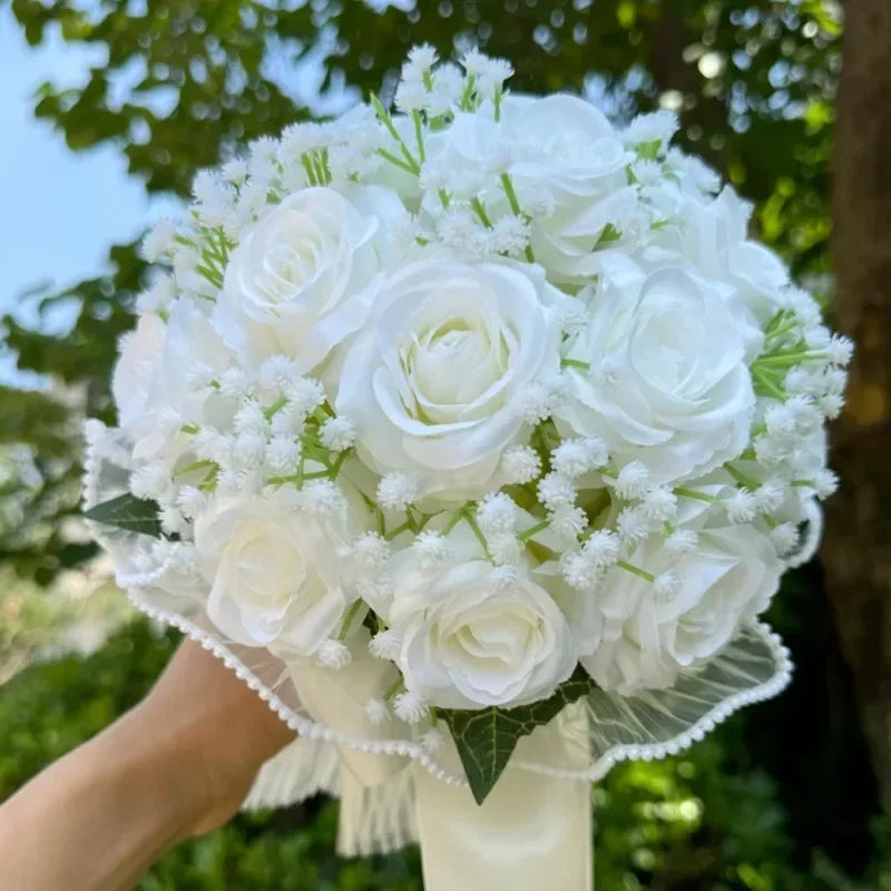 Wedding Bouquets for Bride Babysbreath Rose Bridesmaid Bouquets Silk Ribbon Valentine'S Day Decoration Pearl Lace Mesh Ball Gift