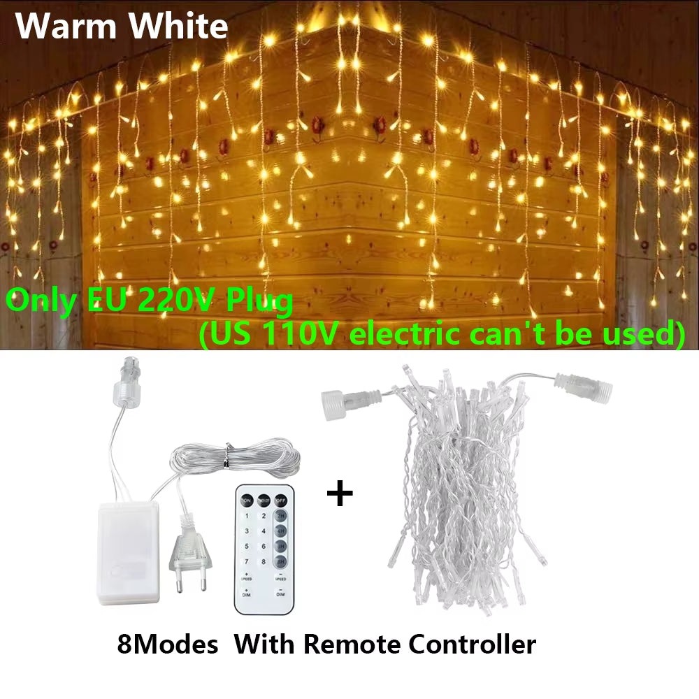40M LED Curtain Icicle String Fairy Lights Garland Remote Outdoor for Christmas New Year Birthday Wedding Street Holiday Decor