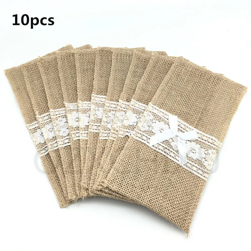 10Pcs Natural Jute Burlap Cutlery Holders Packaging Fork and Knife for Wedding , Party Decoration 11*21Cm AA8016