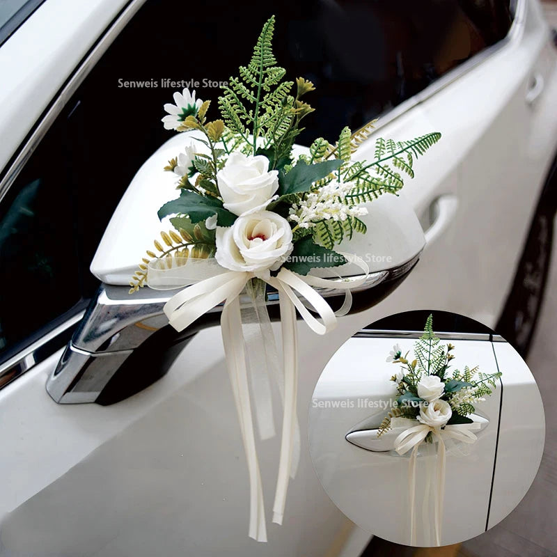 4PCS Artificial Flower Decoration Outdoor Car Mirror Door Romantic Floral Wedding Decor Ribbon Fake Flower Decoration Supplies