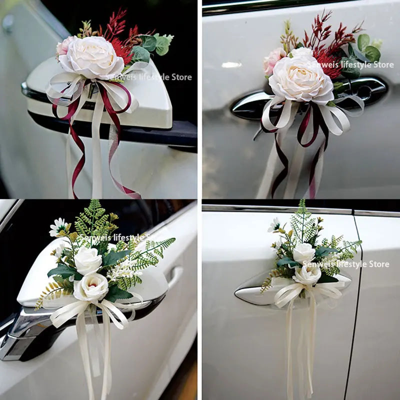 4PCS Artificial Flower Decoration Outdoor Car Mirror Door Romantic Floral Wedding Decor Ribbon Fake Flower Decoration Supplies