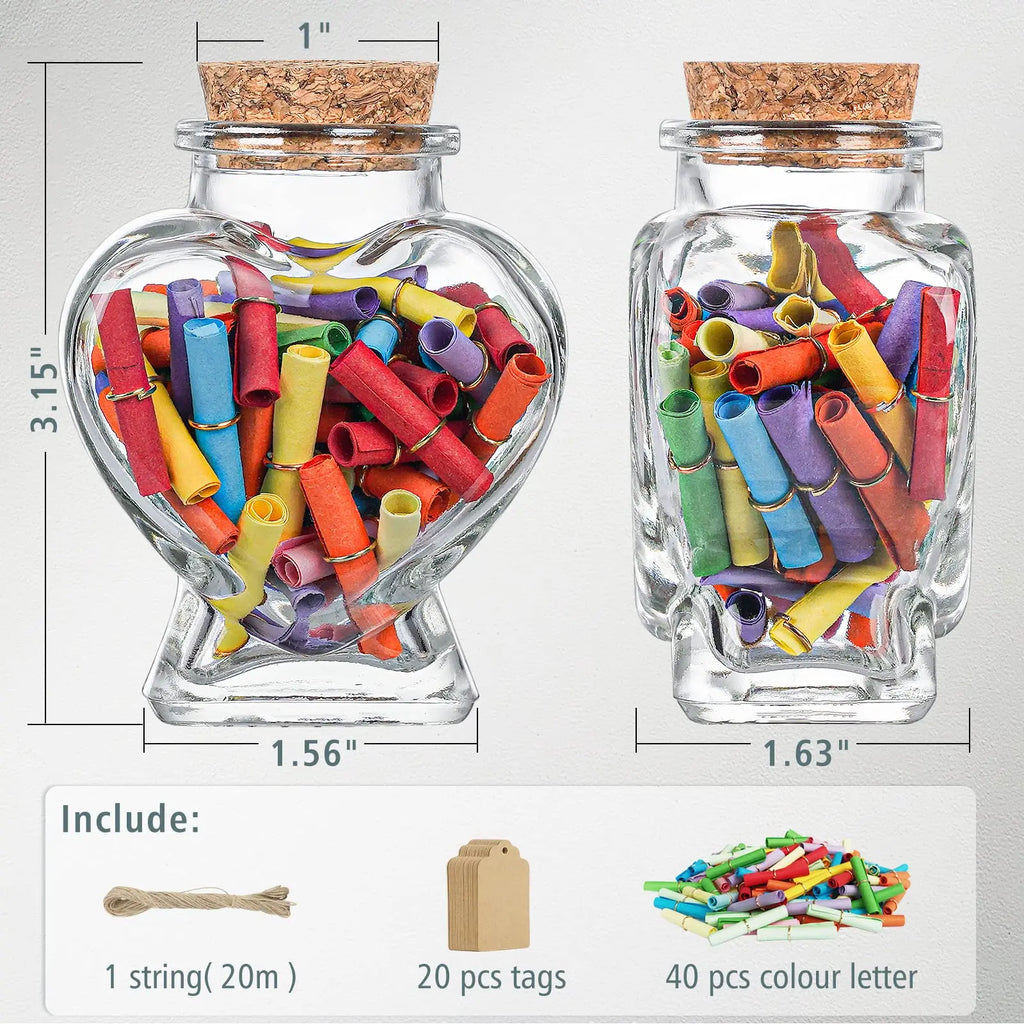 20Pcs Heart Shaped Wishing Jar DIY Small Glass Jars with Cork Lid Wedding Decor for Baby Shower Wedding Favor Valentine'S Day