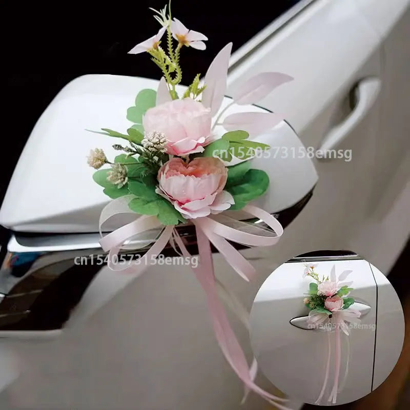 4PCS Artificial Flower Decoration Outdoor Car Mirror Door Romantic Floral Wedding Decor Ribbon Fake Flower Decoration Supplies