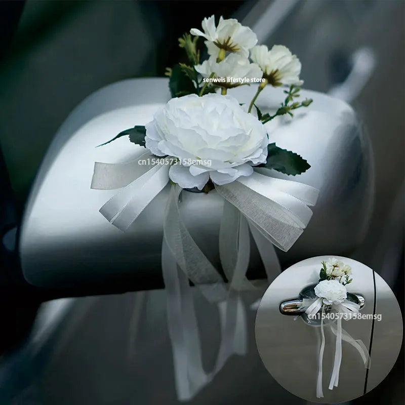 4PCS Artificial Flower Decoration Outdoor Car Mirror Door Romantic Floral Wedding Decor Ribbon Fake Flower Decoration Supplies