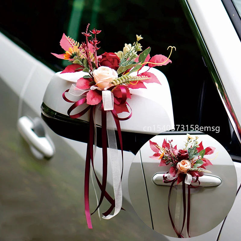4PCS Artificial Flower Decoration Outdoor Car Mirror Door Romantic Floral Wedding Decor Ribbon Fake Flower Decoration Supplies