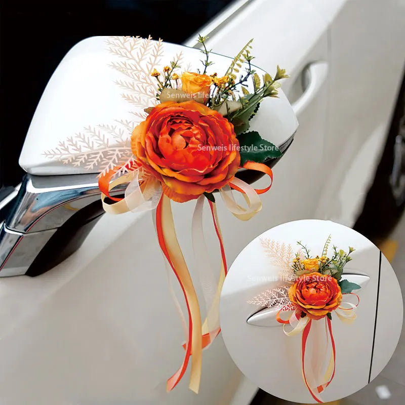 4PCS Artificial Flower Decoration Outdoor Car Mirror Door Romantic Floral Wedding Decor Ribbon Fake Flower Decoration Supplies
