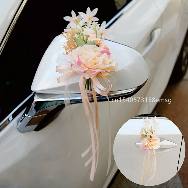 4PCS Artificial Flower Decoration Outdoor Car Mirror Door Romantic Floral Wedding Decor Ribbon Fake Flower Decoration Supplies