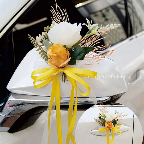 4PCS Artificial Flower Decoration Outdoor Car Mirror Door Romantic Floral Wedding Decor Ribbon Fake Flower Decoration Supplies
