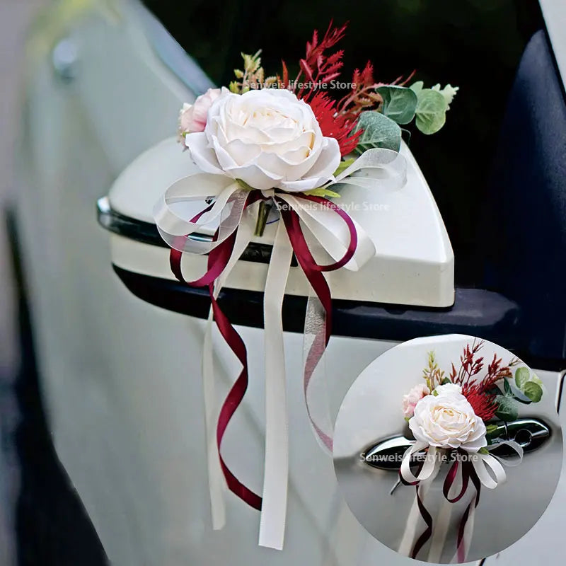 4PCS Artificial Flower Decoration Outdoor Car Mirror Door Romantic Floral Wedding Decor Ribbon Fake Flower Decoration Supplies