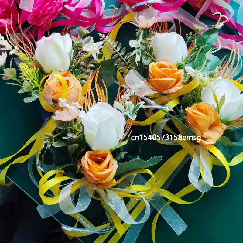 4PCS Artificial Flower Decoration Outdoor Car Mirror Door Romantic Floral Wedding Decor Ribbon Fake Flower Decoration Supplies