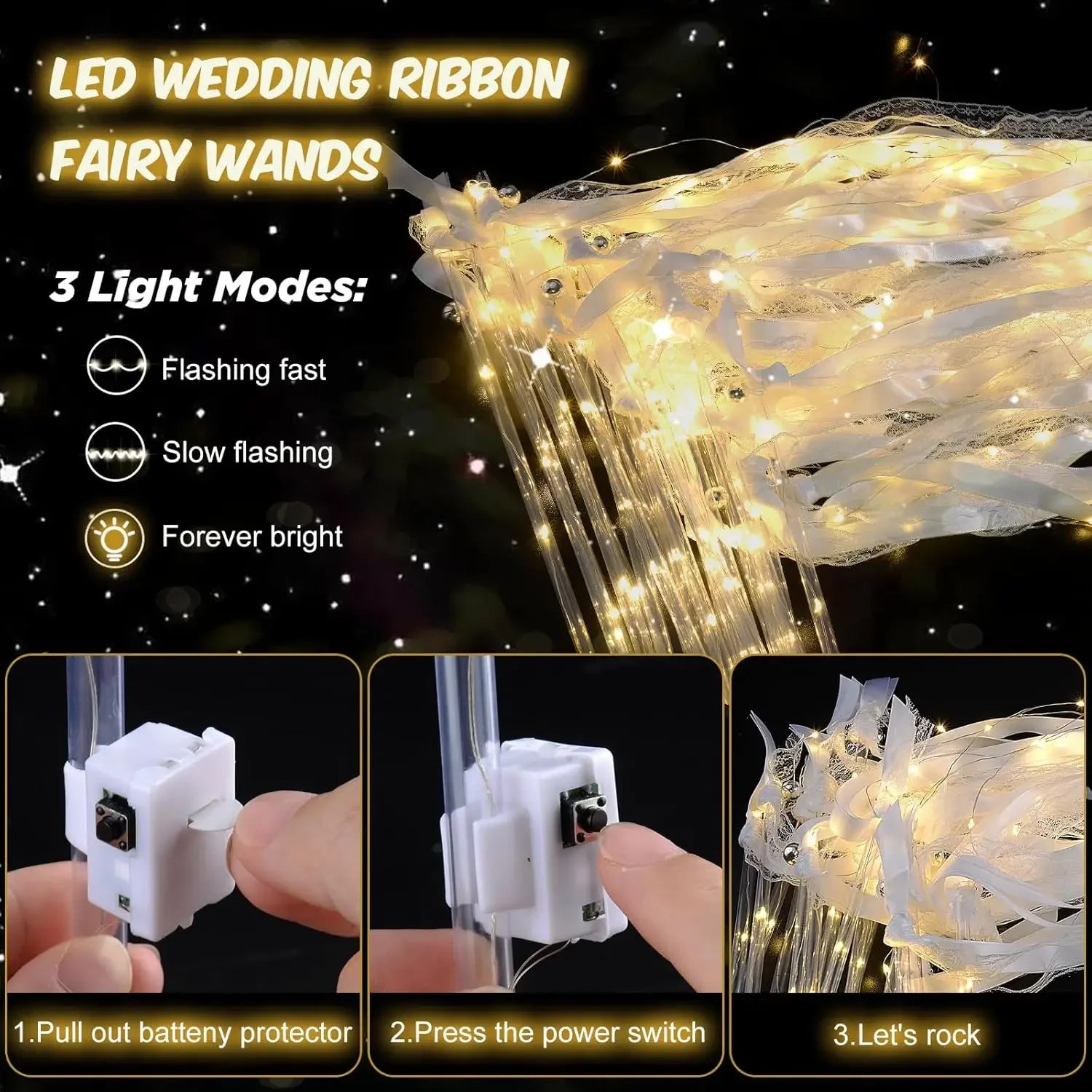 20-200Pcs Light up Wedding Sparklers Wedding Wands Ribbon Streamers LED Silk Fairy Wands with Bells for Birthday Concert Raves
