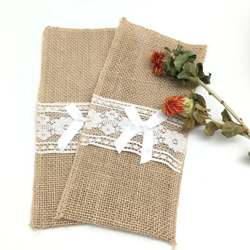 10Pcs Natural Jute Burlap Cutlery Holders Packaging Fork and Knife for Wedding , Party Decoration 11*21Cm AA8016