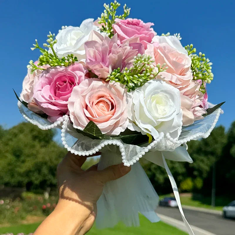 Wedding Bouquets for Bride Babysbreath Rose Bridesmaid Bouquets Silk Ribbon Valentine'S Day Decoration Pearl Lace Mesh Ball Gift