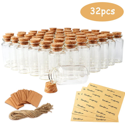 32Pcs Small Glass Bottles with Cork Lids 40Ml Mini Jars Glass Vials with Wooden Corks Tags and Hemp Ropes for Weddings DIY Craft