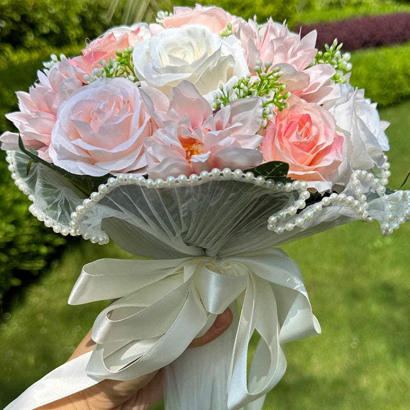 1PC Artificial Flower Cascading Bridal Bouquet for Wedding Ceremony Anniversary, Pearl Trimmed Bow Bouquet, Artificial Flowers