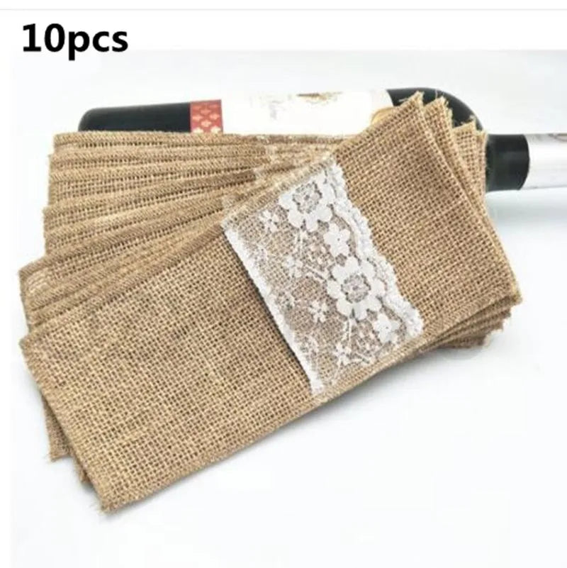 10Pcs Natural Jute Burlap Cutlery Holders Packaging Fork and Knife for Wedding , Party Decoration 11*21Cm AA8016