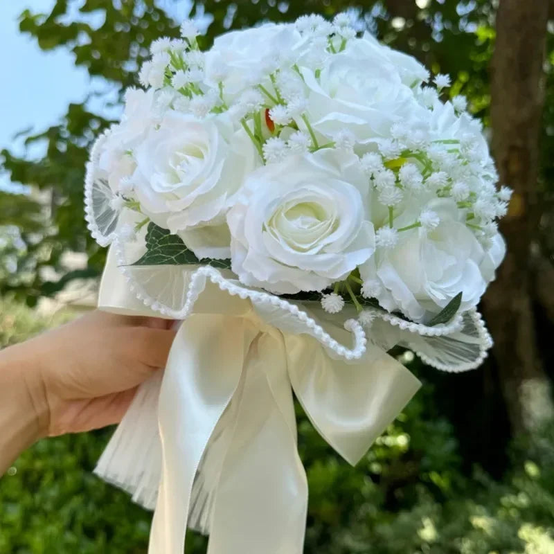Wedding Bouquets for Bride Babysbreath Rose Bridesmaid Bouquets Silk Ribbon Valentine'S Day Decoration Pearl Lace Mesh Ball Gift