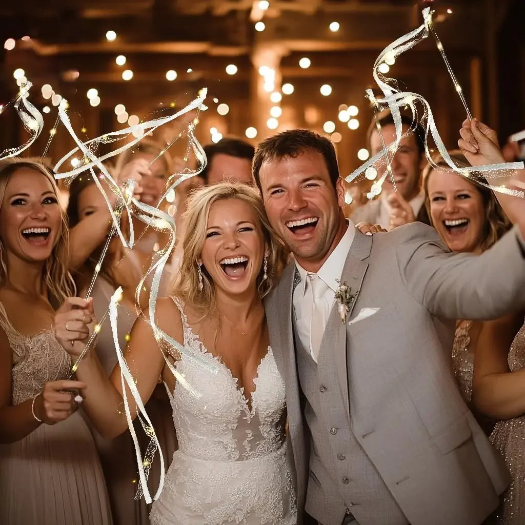 20-200Pcs Light up Wedding Sparklers Wedding Wands Ribbon Streamers LED Silk Fairy Wands with Bells for Birthday Concert Raves