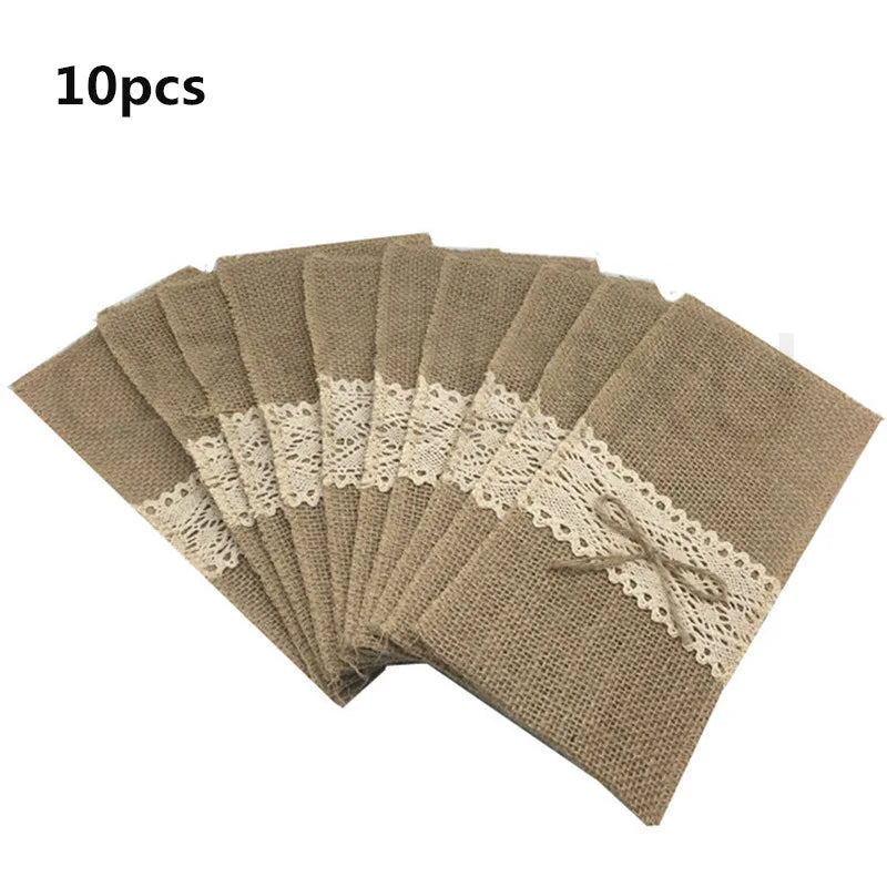 10Pcs Natural Jute Burlap Cutlery Holders Packaging Fork and Knife for Wedding , Party Decoration 11*21Cm AA8016