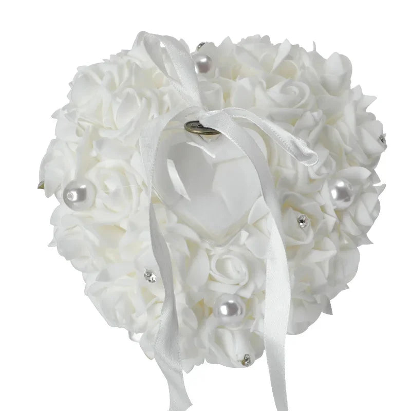 Wedding Ring Bearer Pillow Cushion Romantic Ivory Satin Crystal Ring Pillow Heart Shape for Engagement Propose Marriage Decor