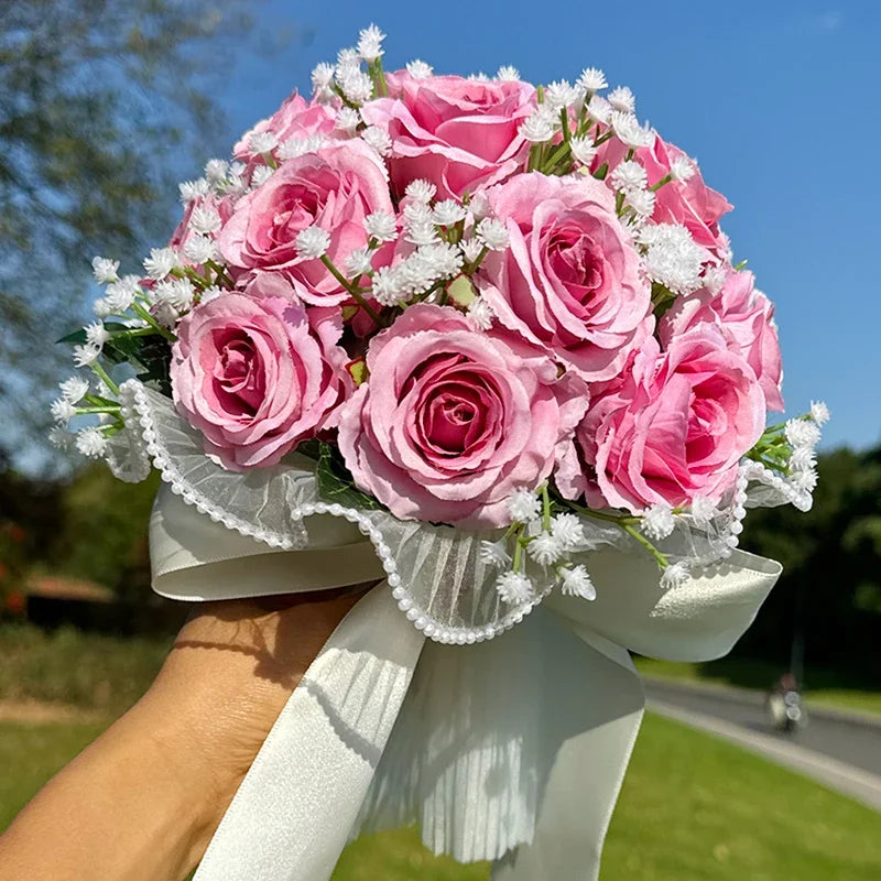 Wedding Bouquets for Bride Babysbreath Rose Bridesmaid Bouquets Silk Ribbon Valentine'S Day Decoration Pearl Lace Mesh Ball Gift