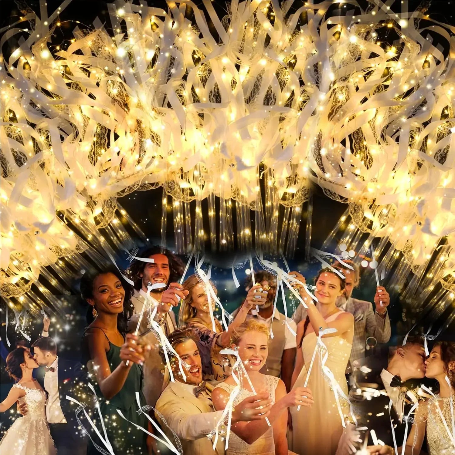 20-200Pcs Light up Wedding Sparklers Wedding Wands Ribbon Streamers LED Silk Fairy Wands with Bells for Birthday Concert Raves